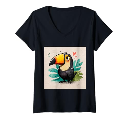 Damen süß, verspielt, übermäßig süßer Tukan im Chibi-Stil T-Shirt mit V-Ausschnitt von bird cute theme