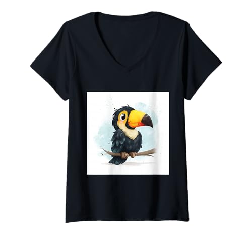 Damen süß, verspielt, übermäßig süßer Tukan im Chibi-Stil T-Shirt mit V-Ausschnitt von bird cute theme