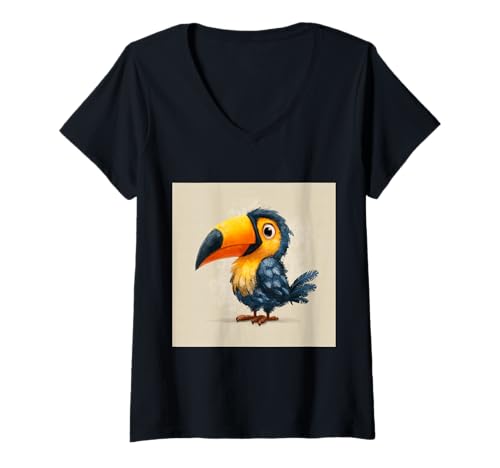 Damen süß, verspielt, übermäßig süßer Tukan im Chibi-Stil T-Shirt mit V-Ausschnitt von bird cute theme