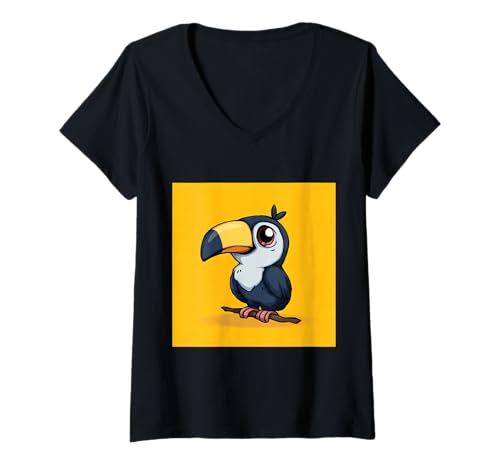Damen süß, verspielt, übermäßig süßer Tukan im Chibi-Stil T-Shirt mit V-Ausschnitt von bird cute theme