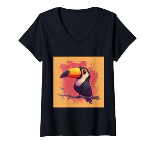 Damen süß, verspielt, übermäßig süßer Tukan im Chibi-Stil T-Shirt mit V-Ausschnitt von bird cute theme