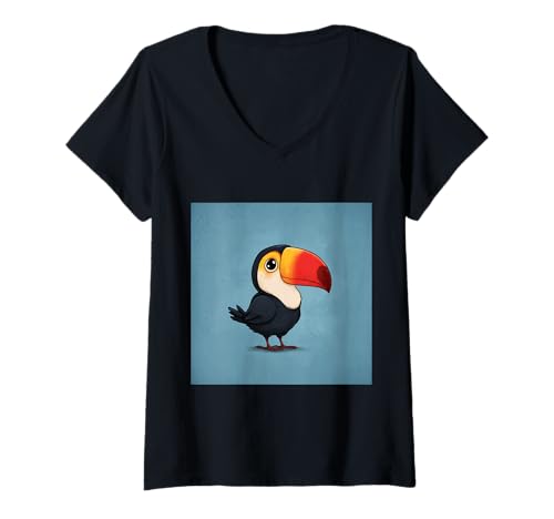Damen süß, verspielt, übermäßig süßer Tukan im Chibi-Stil T-Shirt mit V-Ausschnitt von bird cute theme