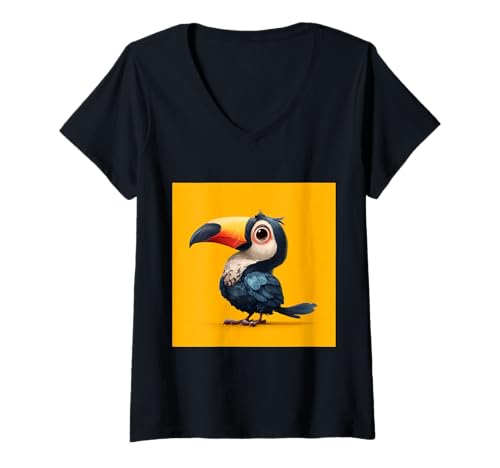 Damen süß, verspielt, übermäßig süßer Tukan im Chibi-Stil T-Shirt mit V-Ausschnitt von bird cute theme