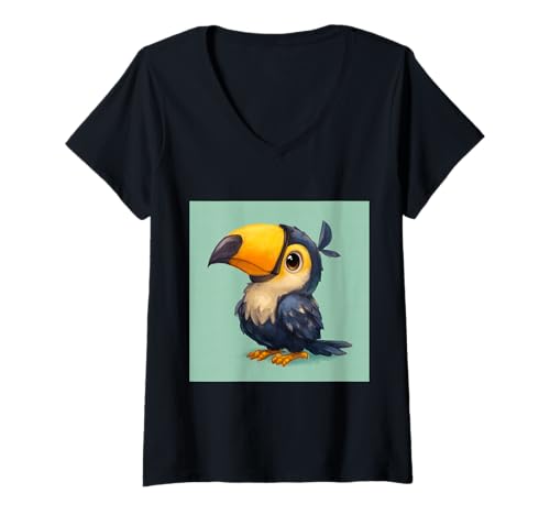 Damen süß, verspielt, übermäßig süßer Tukan im Chibi-Stil T-Shirt mit V-Ausschnitt von bird cute theme