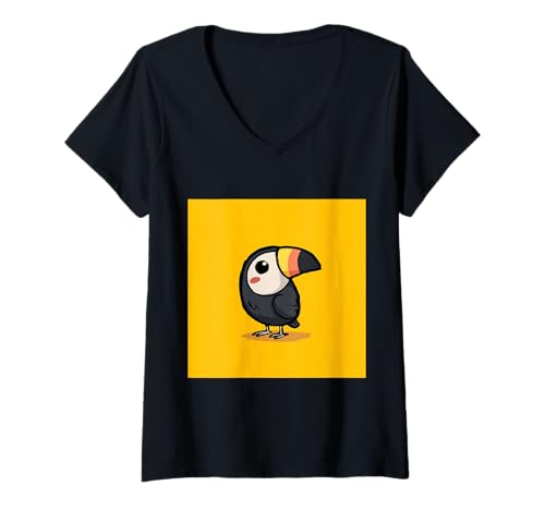 Damen süß, verspielt, übermäßig süßer Tukan im Chibi-Stil T-Shirt mit V-Ausschnitt von bird cute theme
