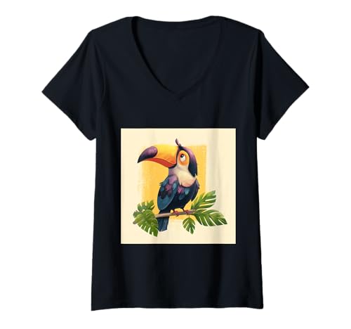 Damen süß, verspielt, übermäßig süßer Tukan im Chibi-Stil T-Shirt mit V-Ausschnitt von bird cute theme