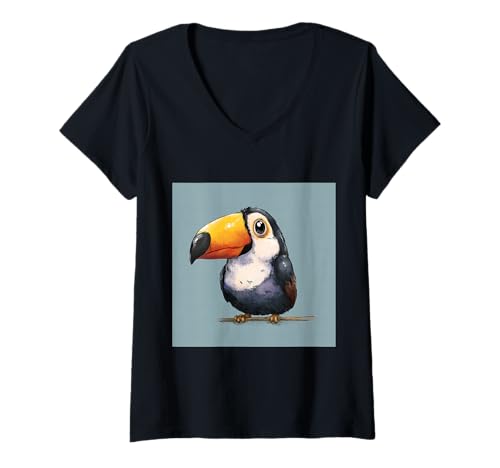 Damen süß, verspielt, übermäßig süßer Tukan im Chibi-Stil T-Shirt mit V-Ausschnitt von bird cute theme