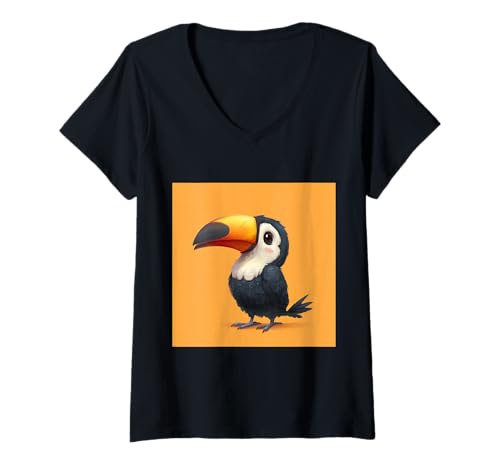 Damen süß, verspielt, übermäßig süßer Tukan im Chibi-Stil T-Shirt mit V-Ausschnitt von bird cute theme