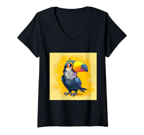 Damen süß, verspielt, übermäßig süßer Tukan im Chibi-Stil T-Shirt mit V-Ausschnitt von bird cute theme