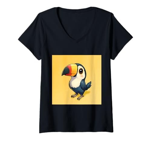 Damen süß, verspielt, übermäßig süßer Tukan im Chibi-Stil T-Shirt mit V-Ausschnitt von bird cute theme