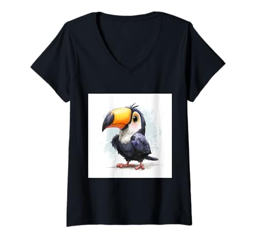 Damen süß, verspielt, übermäßig süßer Tukan im Chibi-Stil T-Shirt mit V-Ausschnitt von bird cute theme