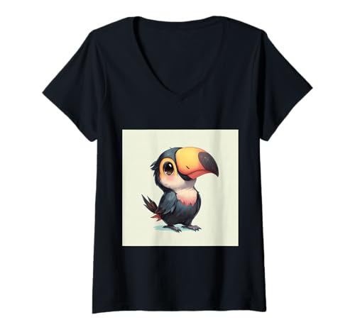 Damen süß, verspielt, übermäßig süßer Tukan im Chibi-Stil T-Shirt mit V-Ausschnitt von bird cute theme