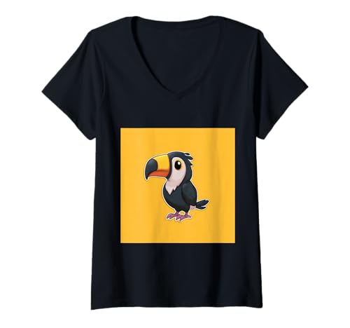 Damen süß, verspielt, übermäßig süßer Tukan im Chibi-Stil T-Shirt mit V-Ausschnitt von bird cute theme