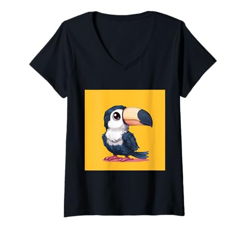 Damen süß, verspielt, übermäßig süßer Tukan im Chibi-Stil T-Shirt mit V-Ausschnitt von bird cute theme