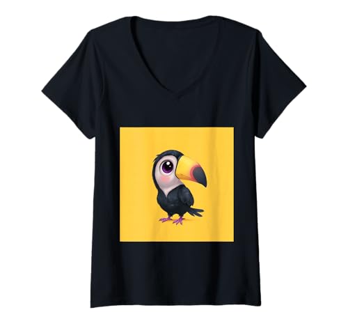 Damen süß, verspielt, übermäßig süßer Tukan im Chibi-Stil T-Shirt mit V-Ausschnitt von bird cute theme