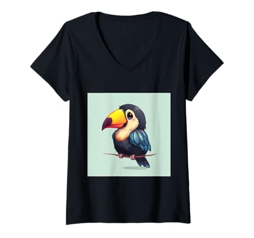 Damen süß, verspielt, übermäßig süßer Tukan im Chibi-Stil T-Shirt mit V-Ausschnitt von bird cute theme