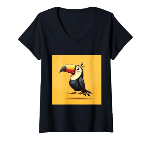 Damen süß, verspielt, übermäßig süßer Tukan im Chibi-Stil T-Shirt mit V-Ausschnitt von bird cute theme