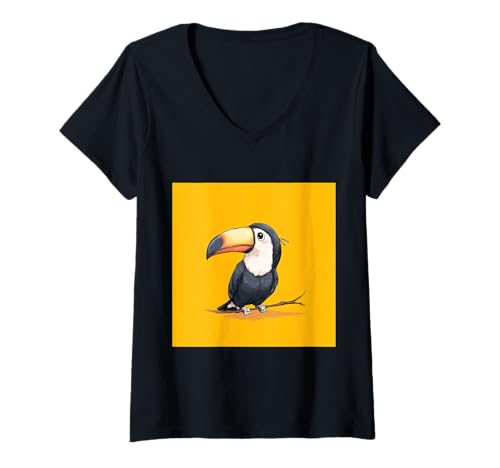 Damen süß, verspielt, übermäßig süßer Tukan im Chibi-Stil T-Shirt mit V-Ausschnitt von bird cute theme