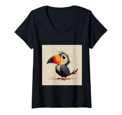 Damen süß, verspielt, übermäßig süßer Tukan im Chibi-Stil T-Shirt mit V-Ausschnitt von bird cute theme