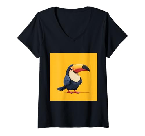 Damen süß, verspielt, übermäßig süßer Tukan im Chibi-Stil T-Shirt mit V-Ausschnitt von bird cute theme