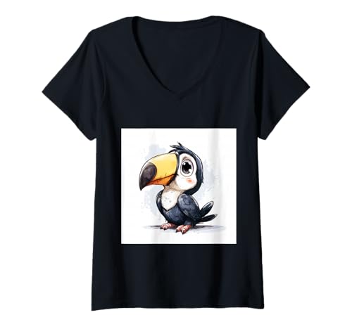 Damen süß, verspielt, übermäßig süßer Tukan im Chibi-Stil T-Shirt mit V-Ausschnitt von bird cute theme