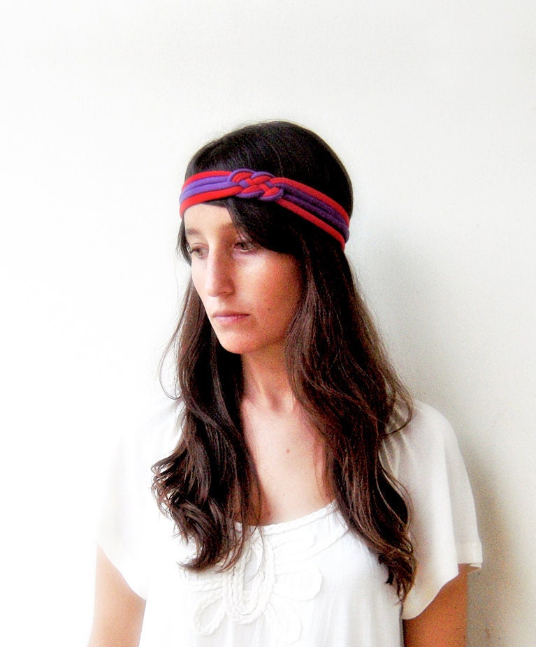 Yoga Sport Stirnband, Rot Lila Grobstrick Knotenstirnband, Baumwoll Stoff Chunky Armband von birdienumnumshop