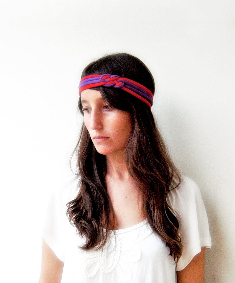 Yoga Sport Stirnband, Rot Lila Grobstrick Knotenstirnband, Baumwoll Stoff Chunky Armband von birdienumnumshop