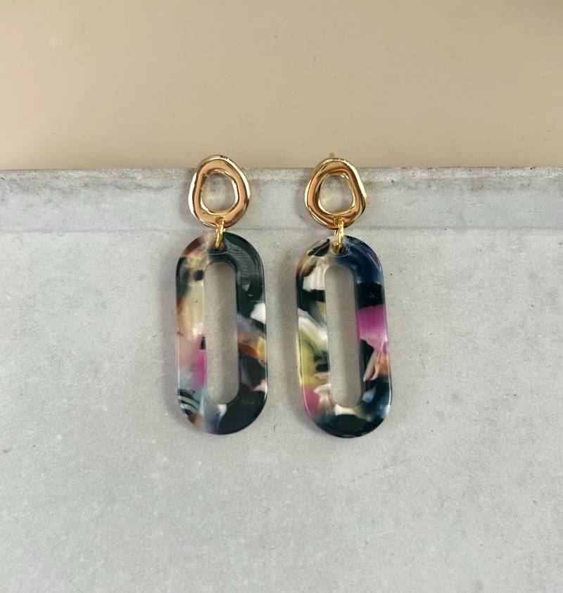 Bunte Acetat Ohrringe Mit Vergoldeten Ohrstecker/Gemusterte Schildpatt Hängeohrringe Dunkelblaue Geschenk Schmuck von birdsofparadiseDE