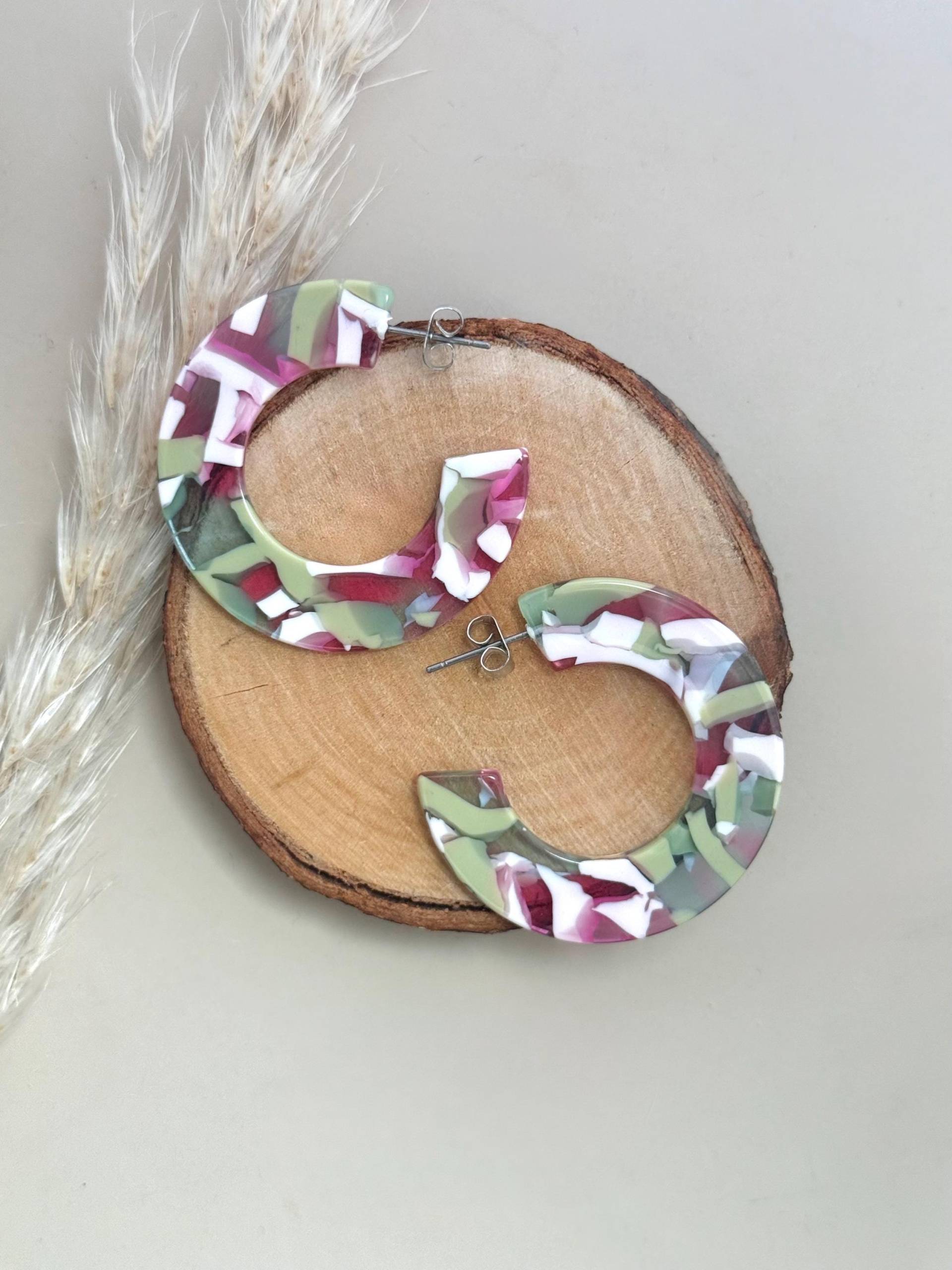 Bunte Acetat Schildpatt Creolen/Aus Kunststoff Große Ohrringe Flache, Rosa Halbcreolen Schmuck Geschenk Für Freundin von birdsofparadiseDE