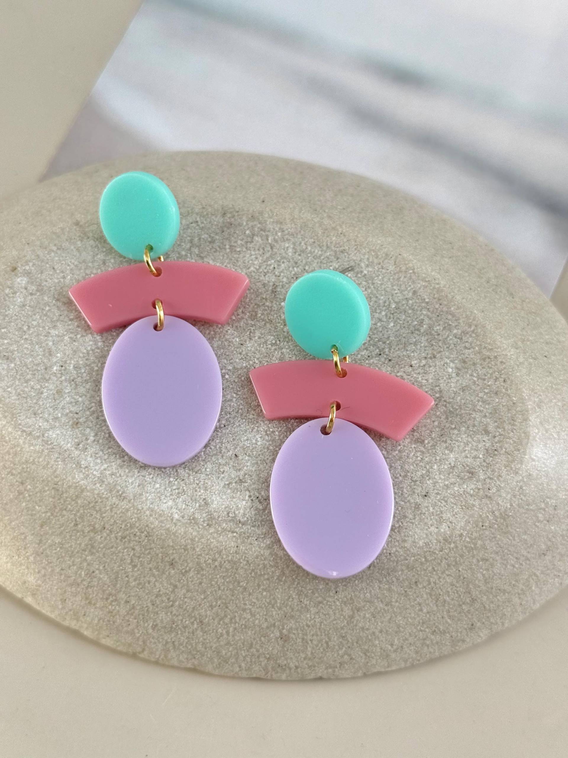 Bunter Statement Ohrring Aus Acryl/Color Block Ohrringe Acetat Hängeohrringe Rosa Lila Grün Anhänger Geschenk Für Freundin von birdsofparadiseDE