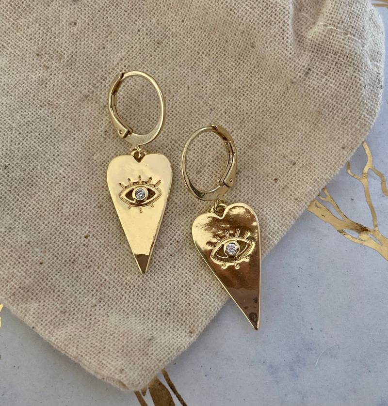 Creolen Mit Herz Anhänger/Vergoldete Huggie Kristall Auge Zirkonia Schmuck Feine Gold Ohrringe/ Geschenk Freundin von birdsofparadiseDE