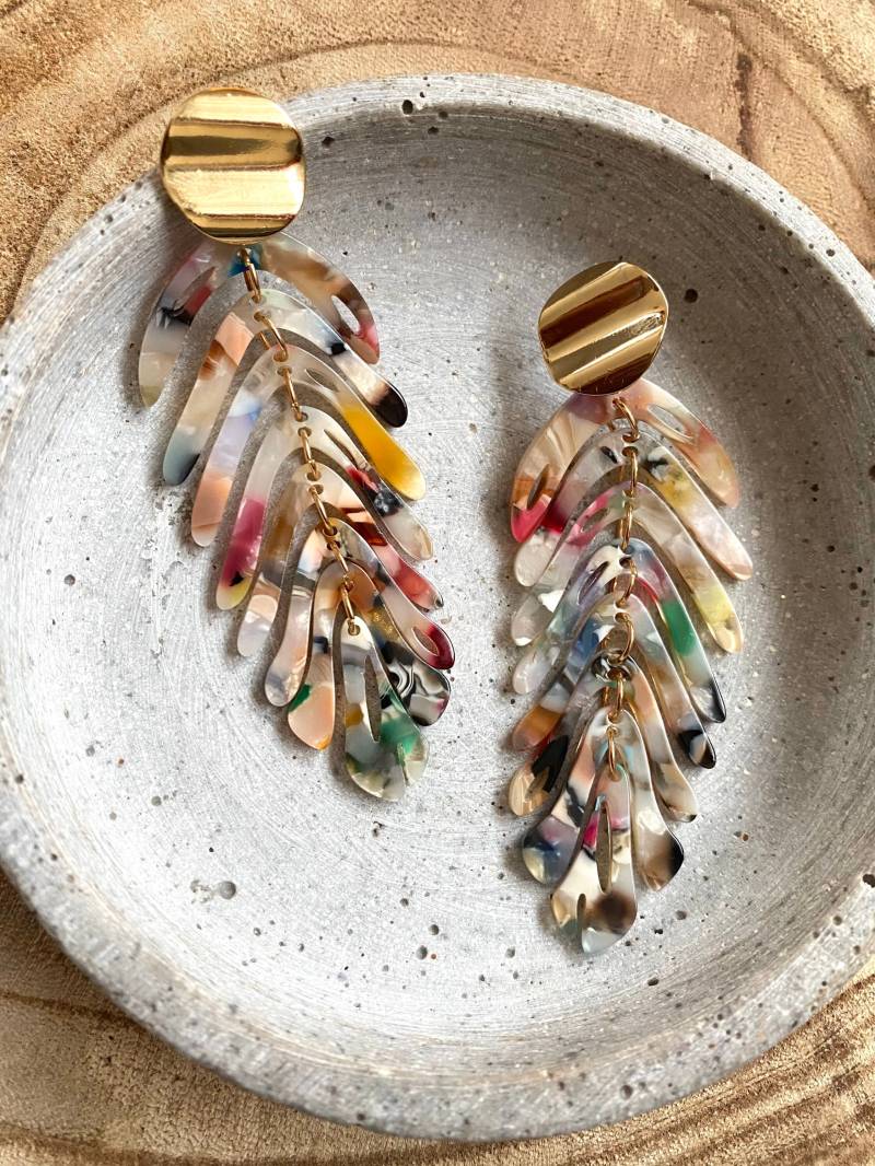 Große, Blattförmige Ohrringe Aus Kunststoff Acetat/Bunte Statement Bunt Lange Hängeohrringe Vergoldete Ohrstecker Geschenk von birdsofparadiseDE