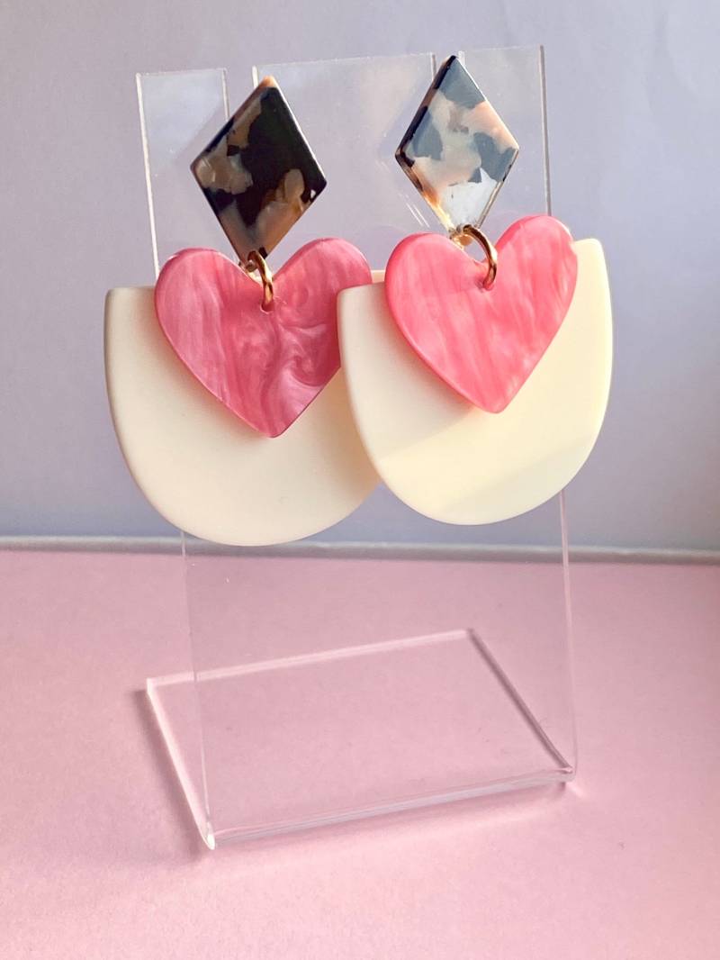 Große Acetat Acryl Ohrringe/Lange Hängend Pink Herz Anhänger Statement Schmuck Schildpatt Ohrstecker Geschenk Freundin von birdsofparadiseDE