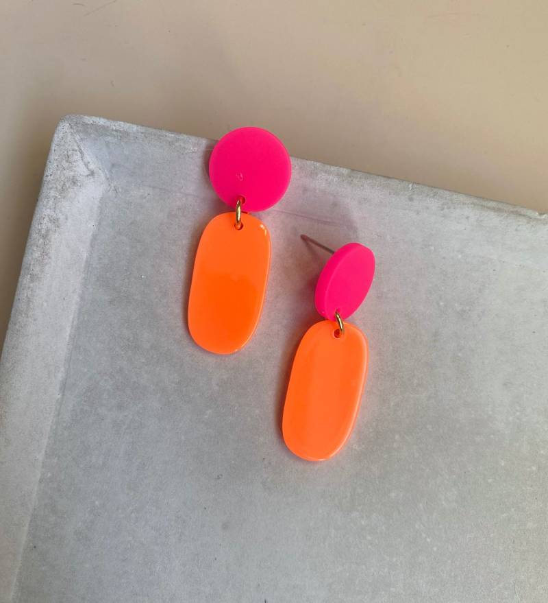 Neon Ohrringe in Pink Und Orange/Pinke Acryl Ohrstecker Auffällige Hängeohrringe Statement Kunststoff Geschenk von birdsofparadiseDE