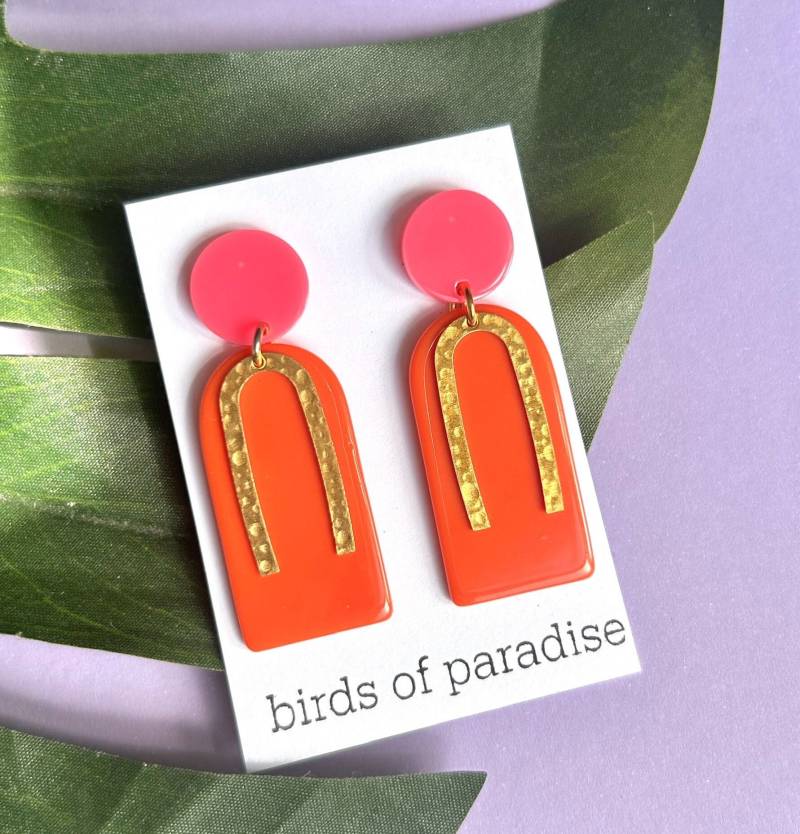 Neon Ohrringe in Pink Und Orange/Pinke Acryl Ohrstecker Auffällige Hängeohrringe Statement Kunststoff Geschenk von birdsofparadiseDE