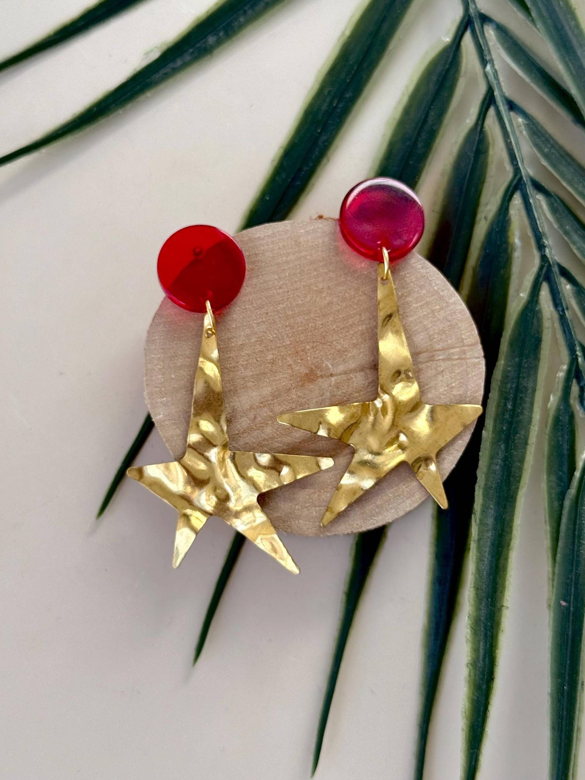 Rote Ohrringe Mit Goldenen Stern Anhänger/Statement Lange Messing Gold Schmuck Damen Geschenk von birdsofparadiseDE