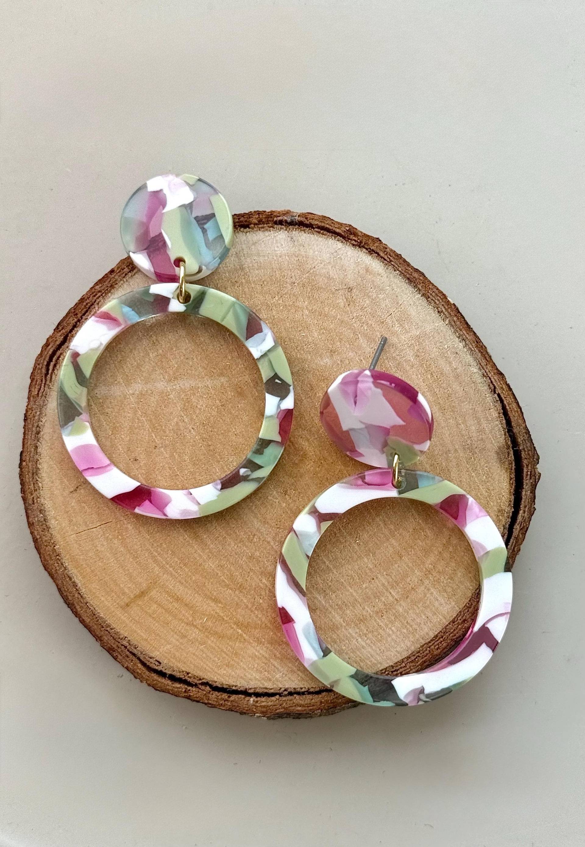 Runde, Bunte Schildpatt Statement Ohrringe Aus Acetat Kunststoff/Lang Hängeohrringe Muster Schmuck Geschenk Freundin von birdsofparadiseDE