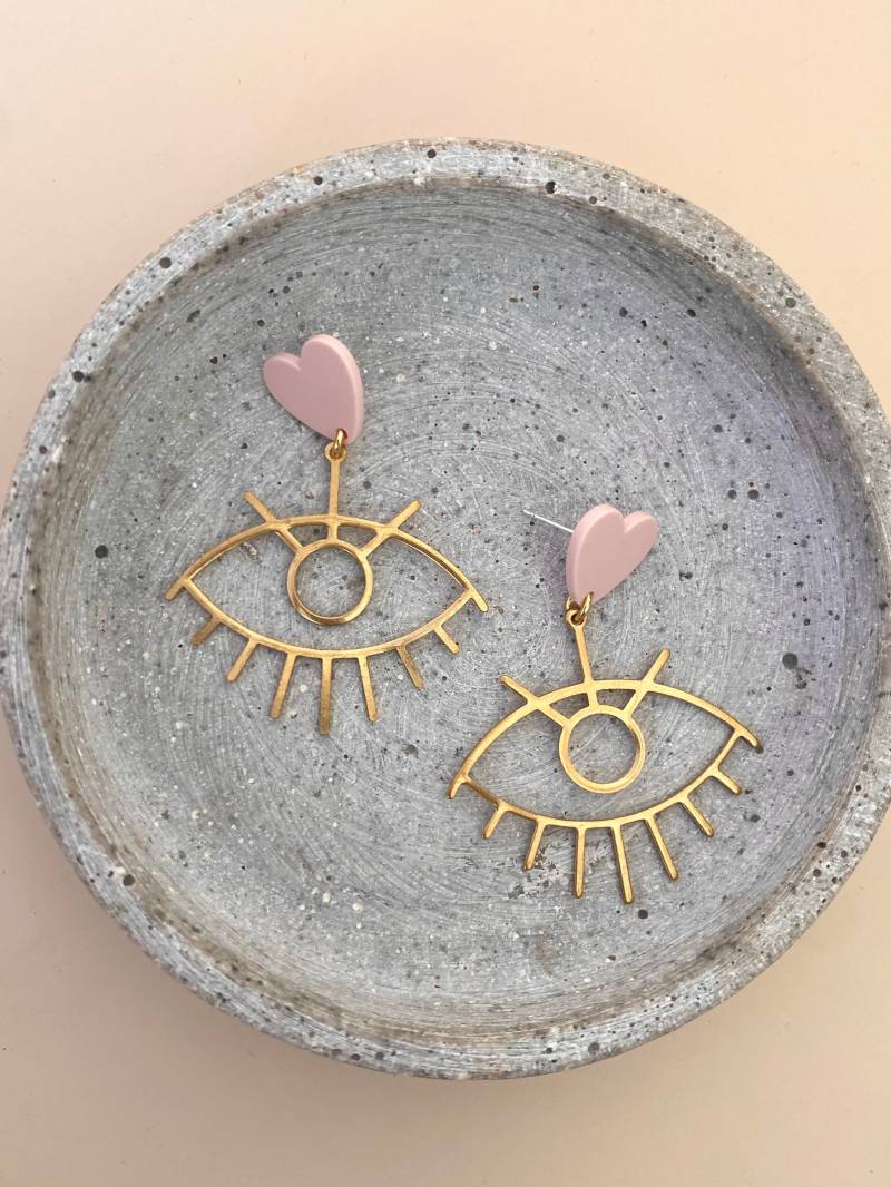 statement Ohrringe Mit Rosa Acryl Herz Ohrstecker Und Goldenen Augen Anhänger/Boho Lange Hängeohrringe Geschenk statement Ohrringe Mit Rosa Acryl Herz Ohrstecker Und Goldenen Augen Anhänger/Boho Lange Hängeohrringe Geschenk von birdsofparadiseDE
