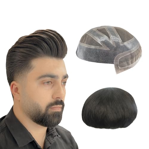 Haarersatzsystem für Männer Prothesen-Haarteile, Toupet for Männer, Echthaar-Ersatzsystem, Haareinheiten dünn, Mono, kombiniert mit PU-Haar Herrentoupet(7x10) von birene
