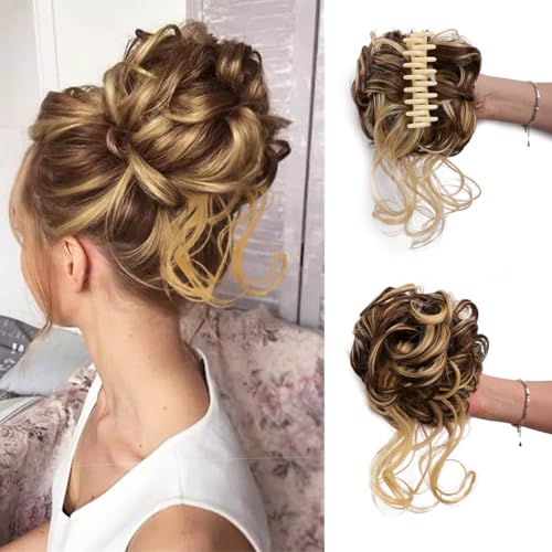 Haarknoten, Messy Bun Haarteil Tousled Updo H Air Extensions mit elastischen Haarbändern Curly Hair Bun Scrunchie for Frauen Mädchen Haarverlängerungen(Golden Brown Bleach) von birene