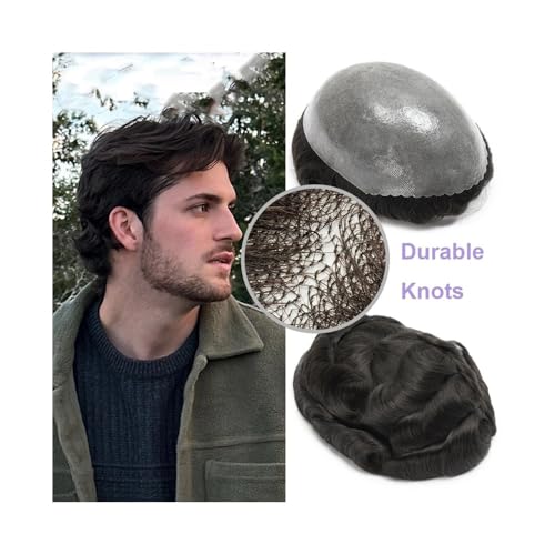 Herren Toupet 0,1–0,12 mm langlebige Knoten, Kapillarprothese, Herren-Toupet, 130% Dichte, Herren-Perücke, Echthaar-Perücke, Remy-Haar-Ersatzsystem Perücken(Off Black,8x10) von birene