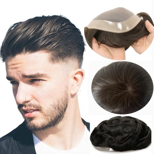 Herren Toupet 100% menschliches Herren-Toupet, Haarersatzsystem, Echthaar-Toupet, männliche Haarprothese, Mono-Männerperücke, Haarteile Perücken(Jet black,8x10) von birene