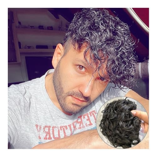 Herren Toupet 25 mm lockiges Toupet for Männer, Lace-Front-Menschenhaarteil, Schweizer Spitze und PU-Toupet, Haarersatzsystem, gebleichte Knoten, Herren-Perücken Perücken(12mm Wave Toupee,7x10) von birene