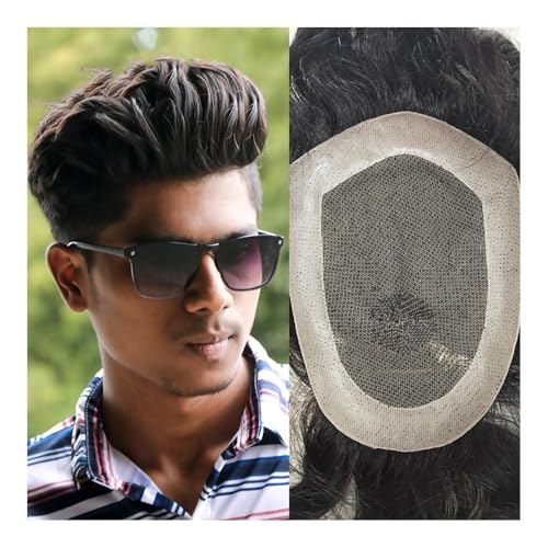 Herren Toupet Haarprothese Spitze Männer Toupet Gerade 30mm Welle Indisches Echthaar Perücken for Männer Haarersatz Haarteil Perücken(Black,8x10) von birene