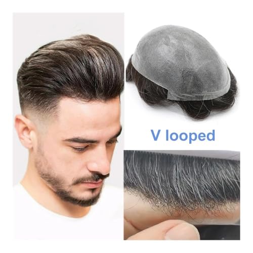 Herren Toupet Haut Haarteile Männer Toupet Nicht nachweisbar V-Looped Dünne Haut Haar Ersatz for Männer Echthaar Toupet Perücke männer Perücken(Off black with 30% grey hair,7x9) von birene