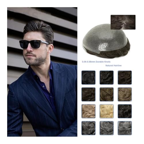 Herren Toupet Langlebiges 0,06-mm-Knoten-Haut-PU-Basis-Toupet for Männer, Echthaar, Haarteile, vorderes Ersatzsystem, Echthaar-Männer-Toupets Perücken(Off Black,8x10) von birene