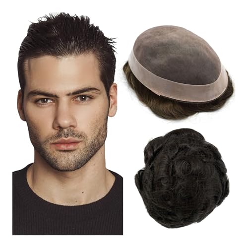 Herren Toupet Männer Kapillarprothese Feines Echthaar Perücken Gerade Welle Mann Toupet Indisches Echthaarsystem Perücken(Black,7x9) von birene