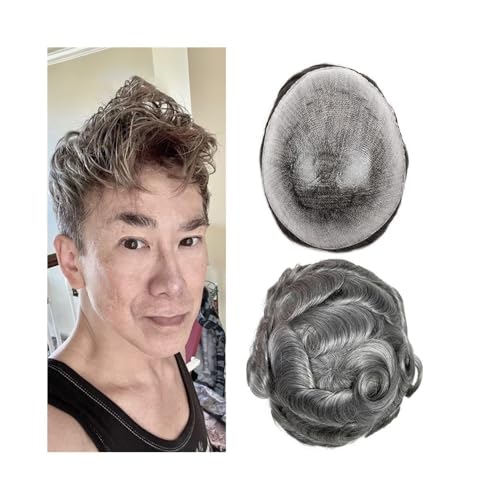 Herren Toupet Männer-Toupet mit Knoten, volle 0,12 mm dünne Haut, indische Echthaar-Perücken, schwarzes und aschgraues Haar, Systemeinheit, Haarersatz, Haaransatz Perücken(Black,7x9) von birene