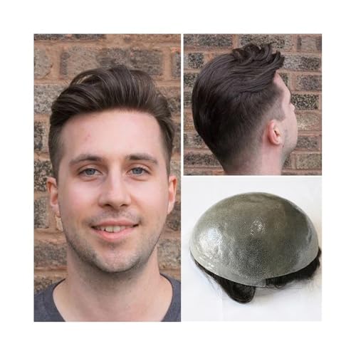 Herren Toupet Männliche Echthaar-Perücke, Voll-PU, 0,12 mm, Herren-Perücke, Echthaar, Voll-PU-Ersatz, Herren-Toupet, Remy-Haaransatz, Perücke for Männer Perücken(Jet Black,7x9) von birene