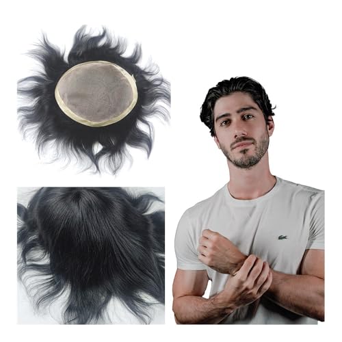 Herren Toupet Männliche Haarprothese, Mono-Männerperücke, Haarteile, 100% menschliches Männer-Toupet, Haarersatzsystem, Echthaar-Toupet Perücken(Jet black,6x8) von birene